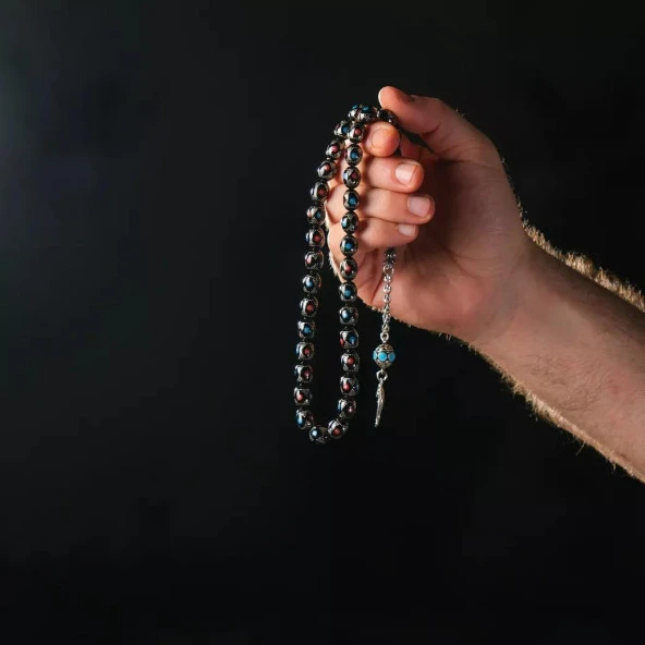 Gümüş İşlemeli Kırmızı-Mavi Mineli Erzurum Oltu Taşı Tesbih ürün görseli 1