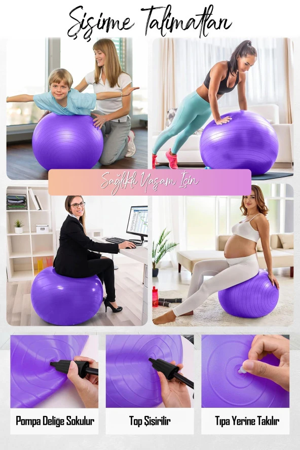 Pilatesi Topu Denge Spor Yoga Aerobik Jimnastik Plates Fitness Topu 65 cm Mor - 2