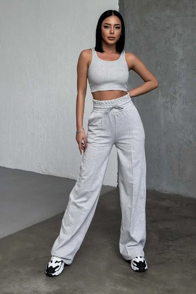 Şık Ve Rahat Yüksek Bel Bol Paça Gri Eşofman Altı - Resim 2