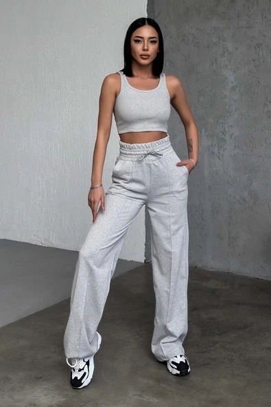 Şık Ve Rahat Yüksek Bel Bol Paça Gri Eşofman Altı - Resim 3