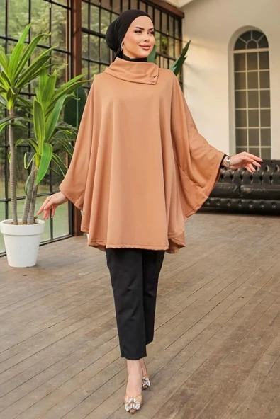 Düğme Detaylı Şık Tasarımlı Bej Şal Yaka Panço - Resim 5