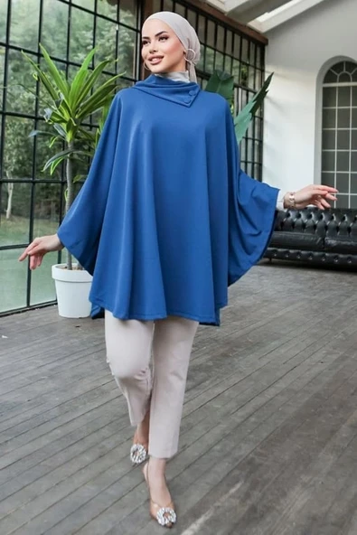 Düğme Detaylı Şık Tasarımlı Mavi Şal Yaka Panço - Resim 2