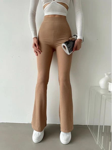 Şık Ve Rahat Yüksek Bel İspanyol Paça Fitilli Toparlayıcı Bej Tayt - Resim 3