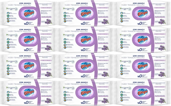 Bingo Clean Yüzey Temizlik Havlusu 96 Yaprak Lavanta Kokulu Plastik Kapaklı (12 Li Set) 1152 Yaprak