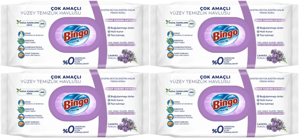 Bingo Clean Yüzey Temizlik Havlusu 96 Yaprak Lavanta Kokulu Plastik Kapaklı (4 Lü Set) 384 Yaprak