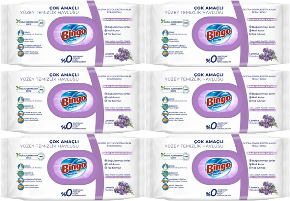Bingo Clean Yüzey Temizlik Havlusu 96 Yaprak Lavanta Kokulu Plastik Kapaklı (6 Lı Set) 576 Yaprak