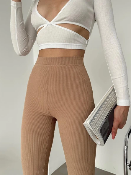 Şık Ve Rahat Yüksek Bel İspanyol Paça Fitilli Toparlayıcı Bej Tayt - Resim 4
