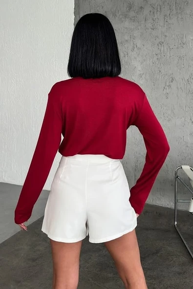 Rahat Ve Şık Uzun Kollu Bisiklet Yaka Likralı Viskon Penye Body Bordo - Resim 4