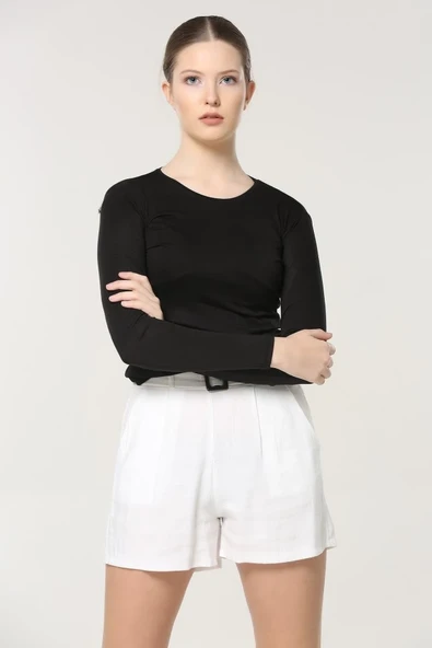 Rahat Ve Şık Uzun Kollu Bisiklet Yaka Likralı Viskon Penye Body Siyah - Resim 4