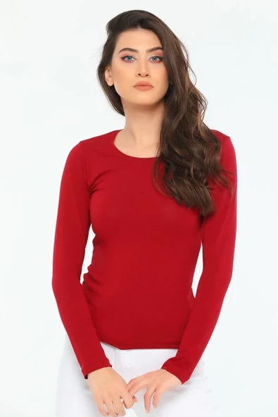 Rahat Ve Şık Uzun Kollu Bisiklet Yaka Likralı Viskon Penye Body Bordo - Resim 3