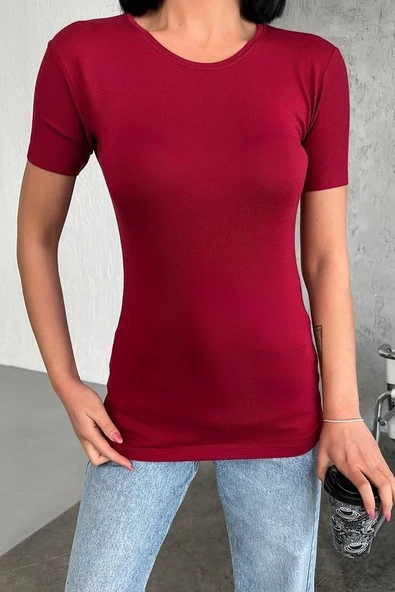 Rahat Ve Şık Kısa Kollu Bisiklet Yaka Likralı Viskon Penye Body Bordo - Resim 3