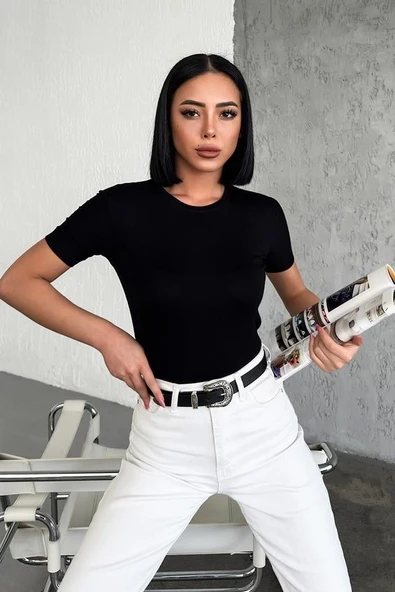 Rahat Ve Şık Kısa Kollu Bisiklet Yaka Likralı Viskon Penye Body Siyah - Resim 2