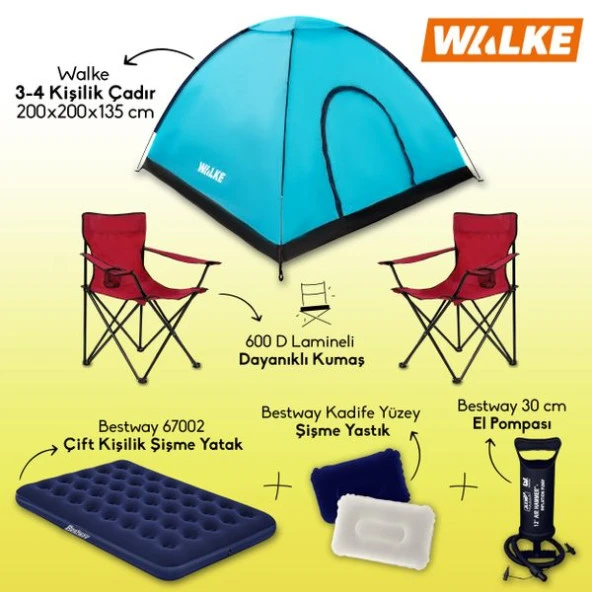 Walke Kırmızı Lüks Kamp Seti 4 Kişilik Çadır+ Çift Kişilik Yatak+ 2 Sandalye + 2 Yastık + Pompa