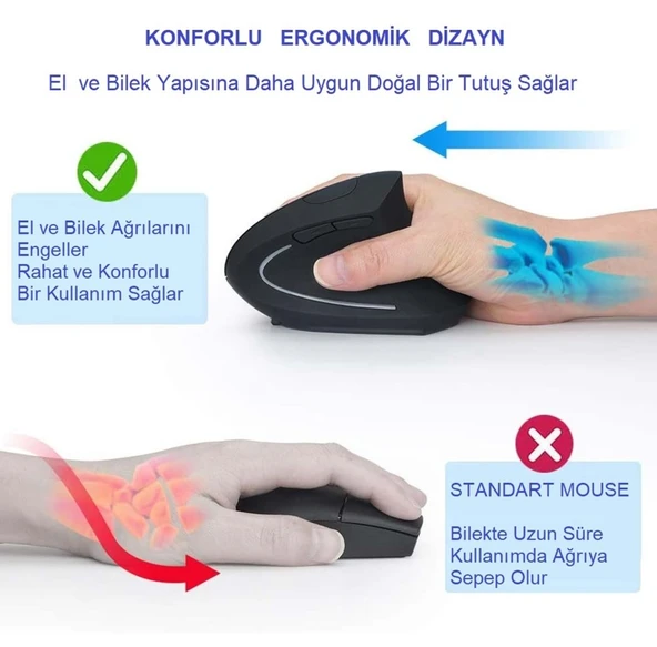 Alfalink Kablosuz Ergonomik Dikey Mouse 800/1200/1600 DPI - Resim 2