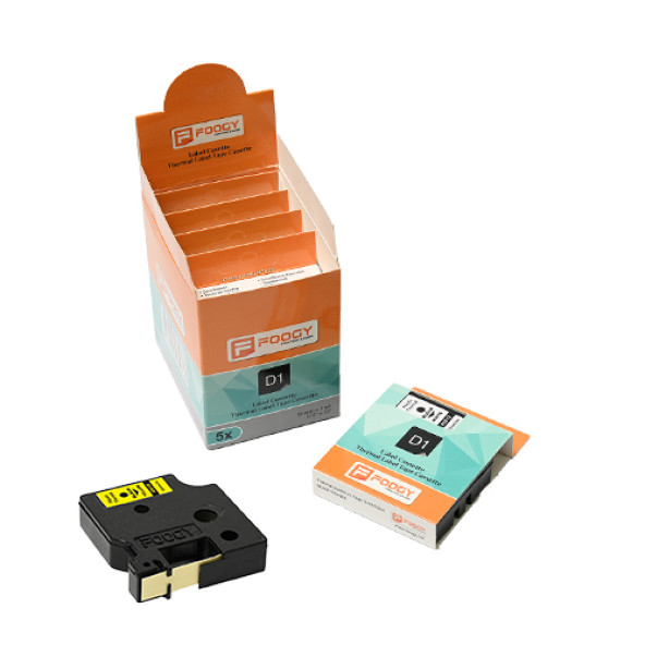 Foogy Dymo D1 Muadili Etiket Plastik Sarı - 12 mm x 7 mt - 45018 - Eko Paket 5 li - 2