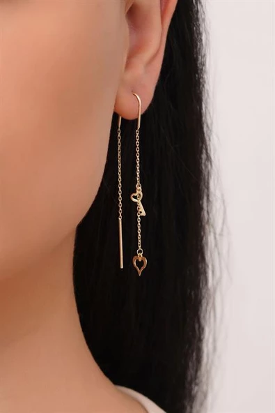 Altın Sallantılı Anahtar Kalp Küpe