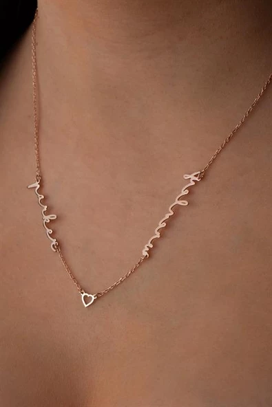 Kadın 925 Ayar Gümüş Kalpli İkili İsim Kolye