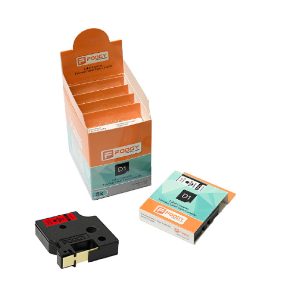 Foogy Dymo D1 Muadili Etiket Plastik Kırmızı - 12 mm x 7 mt - 45017 - Eko Paket 5 li - 2