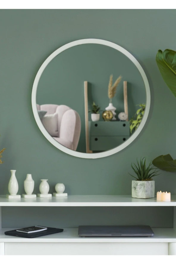 Nysamo 58 cm Beyaz Dekoratif Yuvarlak Antre Hol Koridor Duvar Salon Mutfak Banyo Wc Ofis Aynası - Resim 2