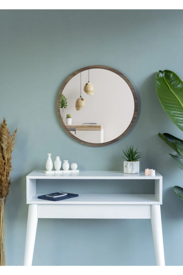 Nysamo 45 cm Ceviz Dekoratif Yuvarlak Antre Hol Koridor Duvar Salon Mutfak Banyo Ofis Aynası - Resim 3