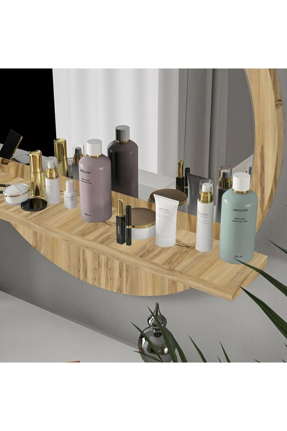 TARZDESİGN Yuvarlak Raflı 45cm Koridor Dresuar Konsol Duvar Salon Banyo Ofis Çocuk Yatak Oda Raflı Aynası - 3