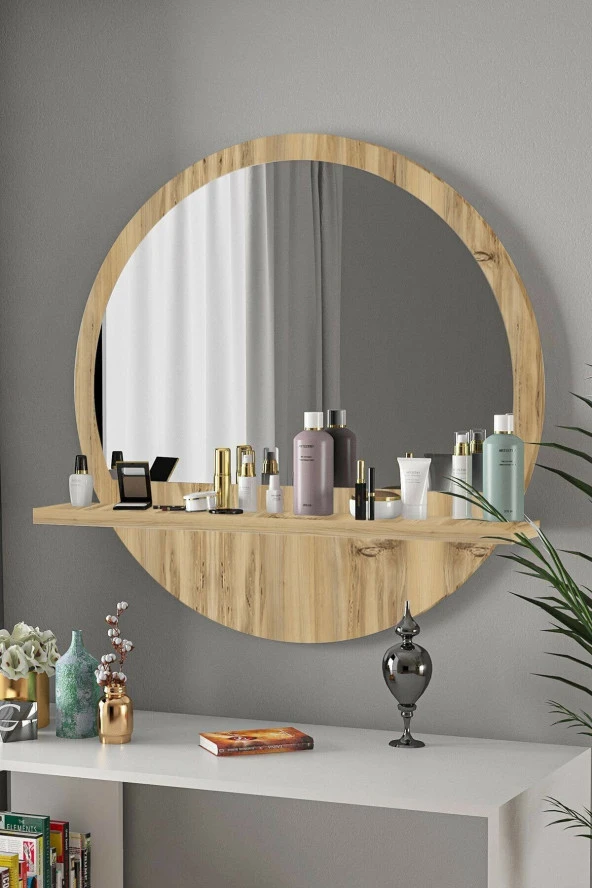 TARZDESİGN Yuvarlak Raflı 45cm Koridor Dresuar Konsol Duvar Salon Banyo Ofis Çocuk Yatak Oda Raflı Aynası - 2