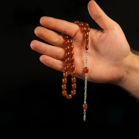 Kahverengi Sıkma Kehribar 925 Ayar Gümüş Püsküllü Tesbih ürün görseli 1