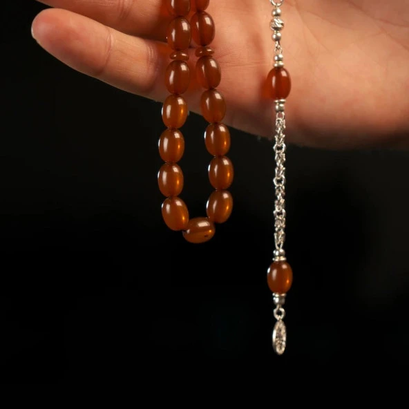 Kahverengi Sıkma Kehribar 925 Ayar Gümüş Püsküllü Tesbih - Resim 2