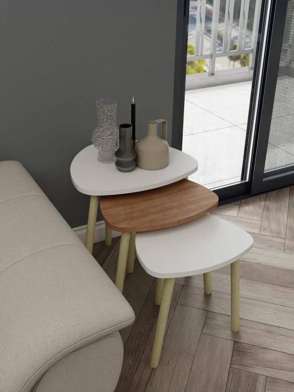 3lü Üçgen Zigon Sehpa Beyaz-Marbella Kiraz - 3