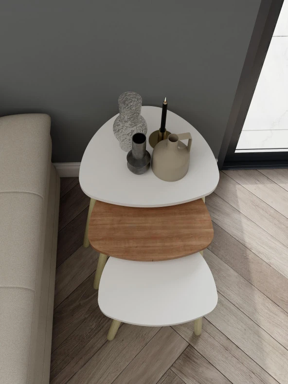 3lü Üçgen Zigon Sehpa Beyaz-Marbella Kiraz - 4