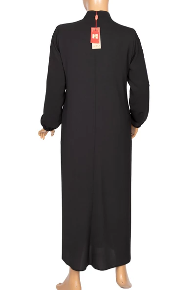 Hesna Kadın Selvi Büyük Beden İpek Krep Kuş Gözü Aks Siyah Ferace - 4