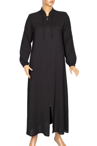 Hesna Kadın Selvi Büyük Beden İpek Krep Kuş Gözü Aks Siyah Ferace