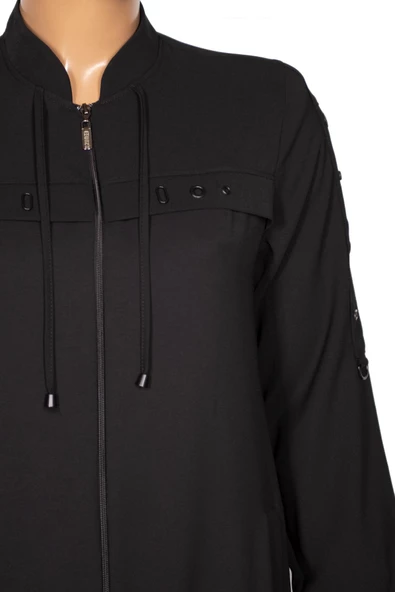 Hesna Kadın Selvi Büyük Beden İpek Krep Kuş Gözü Aks Siyah Ferace - 2