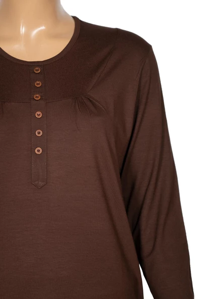Cimariva Kadın Arsu Büyük Beden Robalı Süs Düğmeli Kahverengi Bluz - 2
