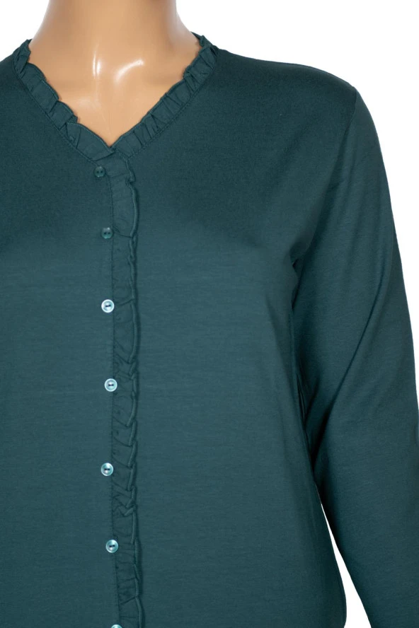 Cimariva Kadın Ülkü Büyük Beden Fırfırlı V Yaka Zümrüt Bluz - 2