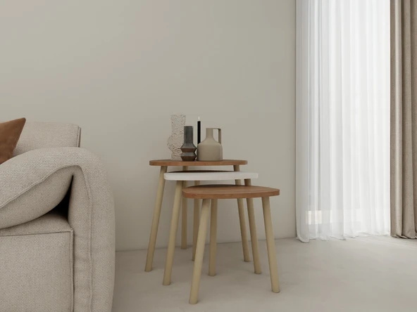 3lü Üçgen Zigon Sehpa Marbella Kiraz-Beyaz - Resim 2