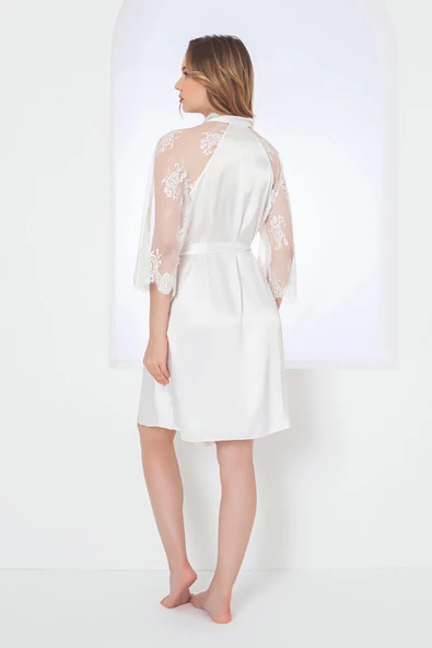 Ekru Gardenia Lacy Saten Tek Sabahlık - Resim 4