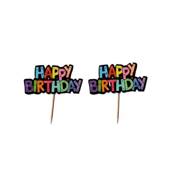 Renkli Happy Birthday Kürdan Pasta Süsü 2 Adet - 2