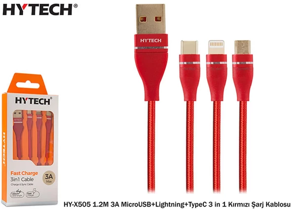 Hytech HY-X505 1.2M 3A MicroUSB+Lightning+TypeC 3