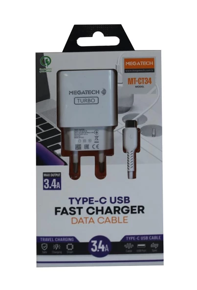 Megatech CC-03 (MT-Ct34 )3.4A Type-C Usb Kablo+ Ev Şarj Adaptör Hızlı Şarj