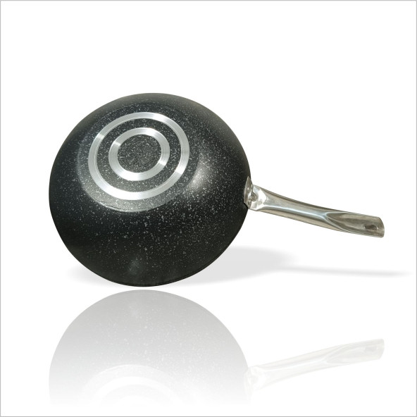 Büyük 28 cm Granit Yanmaz Yapışmaz Yüzeyli Paslanmaz Çelik Saplı Vog Vok Wog Wok Kavisli Eğimli Tava - 3