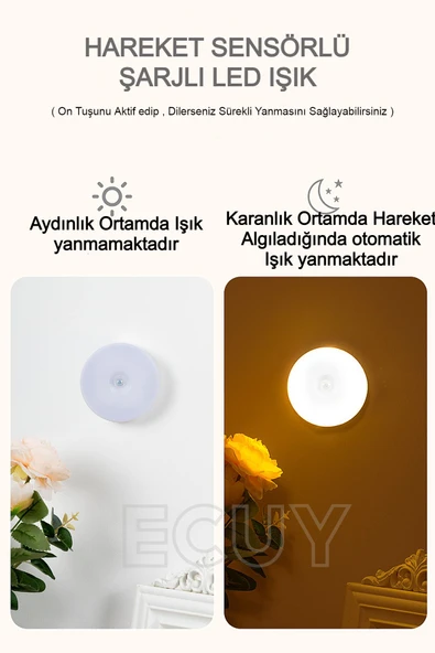 Şarjlı Hareket Sensörlü Gece Lambası – Sarı LED Işık, Dolap, Mutfak, Koridor ve Bebek Odası İçin - 3