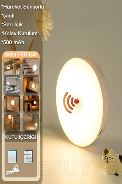 Şarjlı Hareket Sensörlü Gece Lambası – Sarı LED Işık, Dolap, Mutfak, Koridor ve Bebek Odası İçin