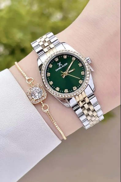 Daniel Klein DKISTE1183 Kadranı Yeşil Kordonu Gold Renk Hediye Paketli Kadın Kol Saati ve Bileklik - 4
