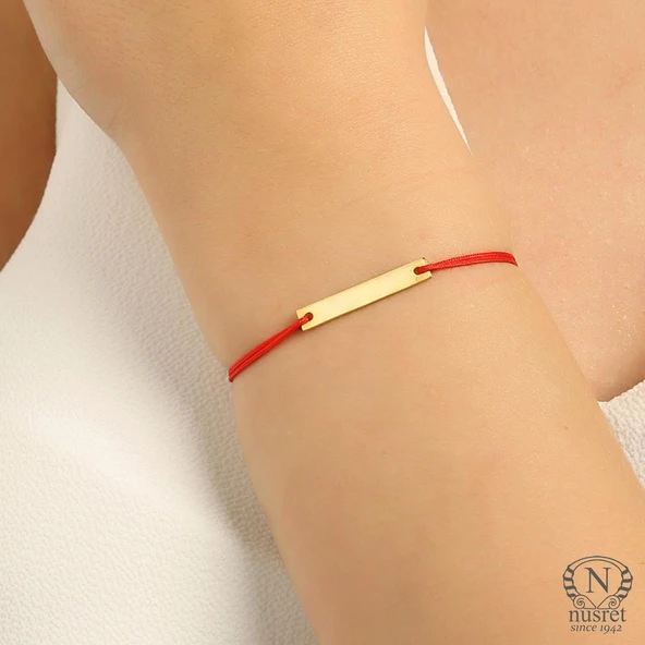 925 Ayar Gümüş Kırmızı İpli Plaka Bileklik ürün görseli 1