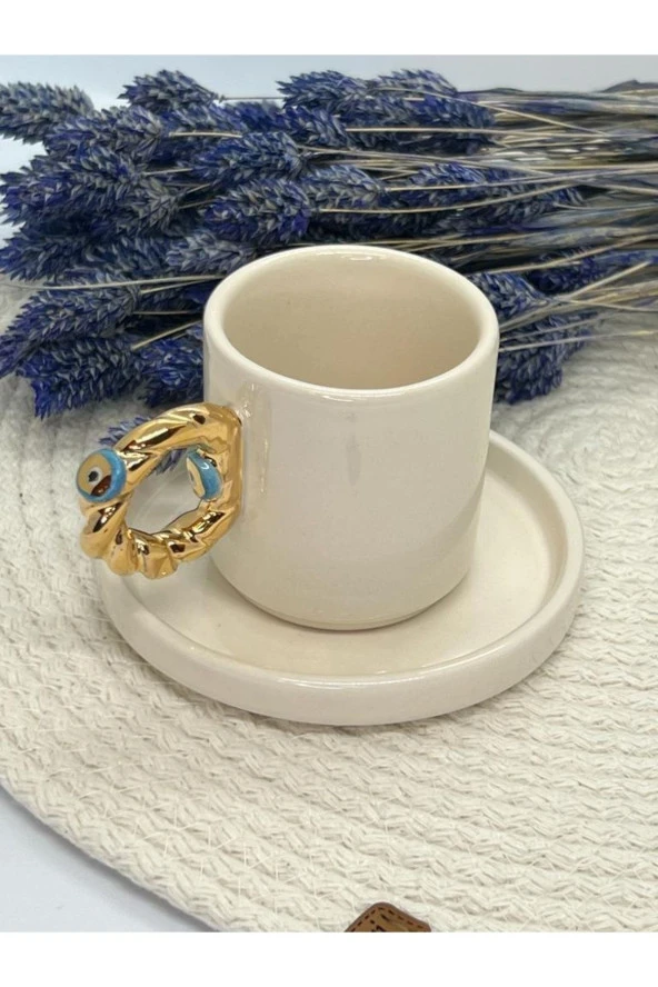 Pixiperi 24 Ayar Altın Işlemeli Nazar Boncuklu Alyans Desenli Söz Nişan Türk Kahvesi Fincanı, Mug, Kupa