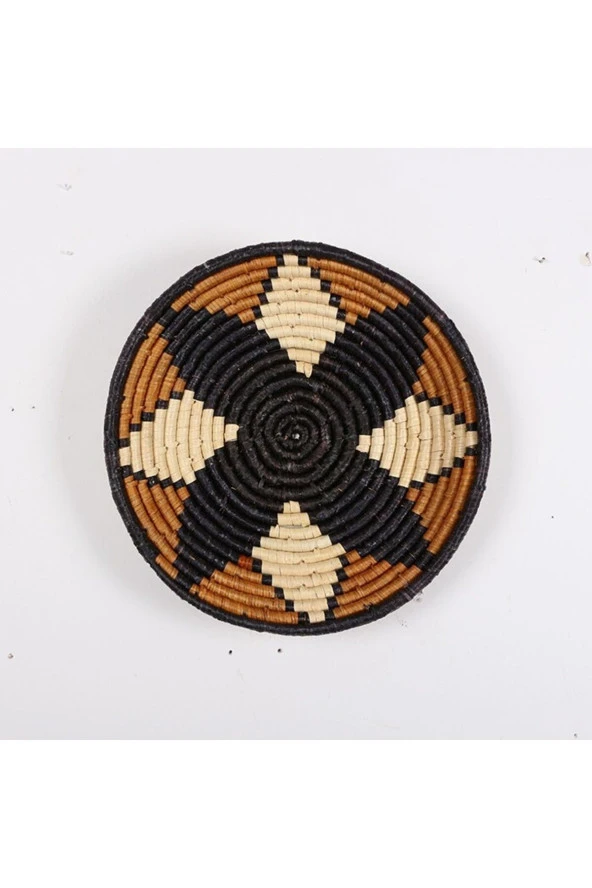 Pixiperi %100 El Yapımı Etnik Tabak, Bohem Duvar Süsü, Hasır Duvar Dekoru Turuncu Bej Siyah 45x8cm