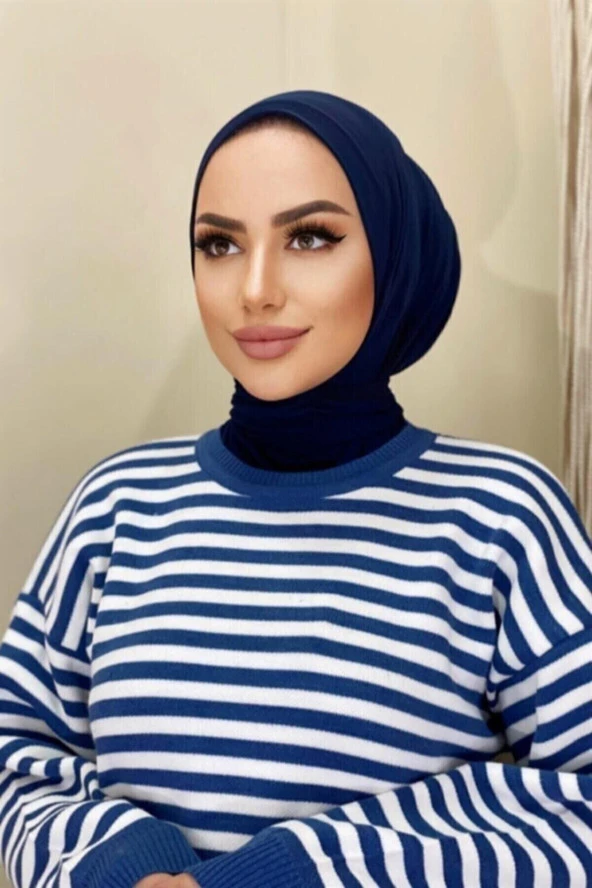 Hijabchi Kadın Tesettür Koyu Lacivert Çıtçıtlı Boyunluk Hijap Bone Model Eşarp Şal