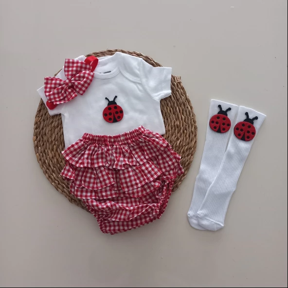 MARS BABY Kız Bebek Pitikare Uğur Böceği Fırfır Şort Etek Badili Çorap Takımı