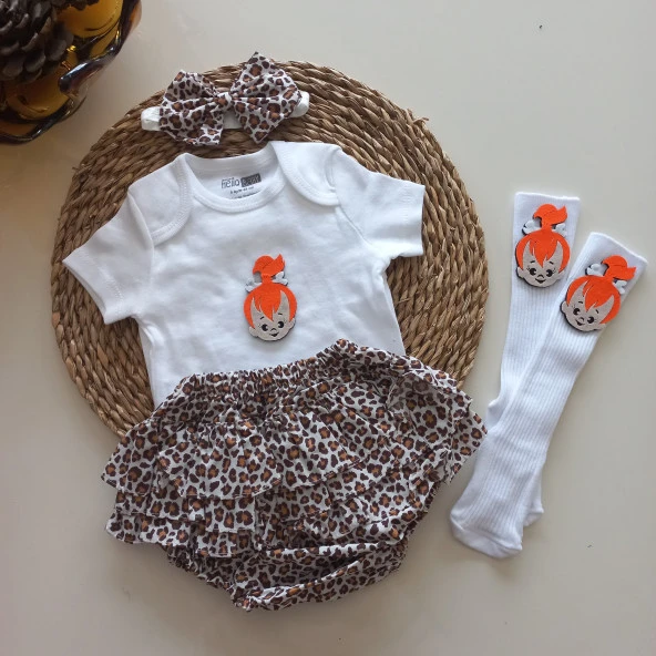MARS BABY Kız Bebek Leopar Çakıl Fırfır Şort Etek Bodyli Bandana Çorap Takımı - 2